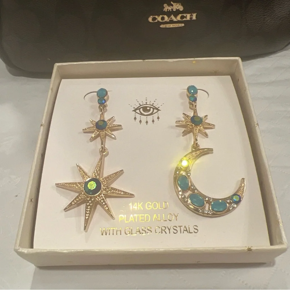 Eye Candy Gold Star and Moon Earrings with Blue Crystals - Picture 2 of 4